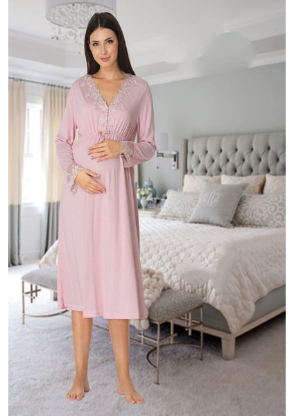 Effort Kadın Pembe Uzun Kollu Pijama Takımı Gecelik Sabahlık Lohusa Hamile 4'lü Set 8096 modelleri