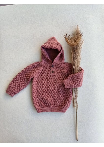 Handmade Kapüşonlu El Örgüsü Çocuk HIRKASI,%100 Pamuk Desenli Çocuk Hırka