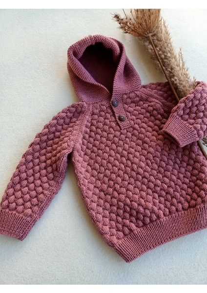 Handmade Kapüşonlu El Örgüsü Çocuk HIRKASI,%100 Pamuk Desenli Çocuk Hırka