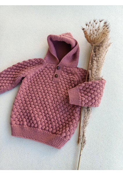 Handmade Kapüşonlu El Örgüsü Çocuk HIRKASI,%100 Pamuk Desenli Çocuk Hırka