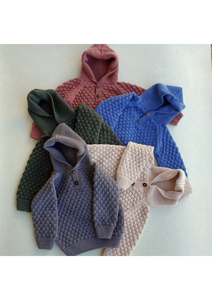 Handmade Kapüşonlu El Örgüsü Çocuk HIRKASI,%100 Pamuk Desenli Çocuk Hırka