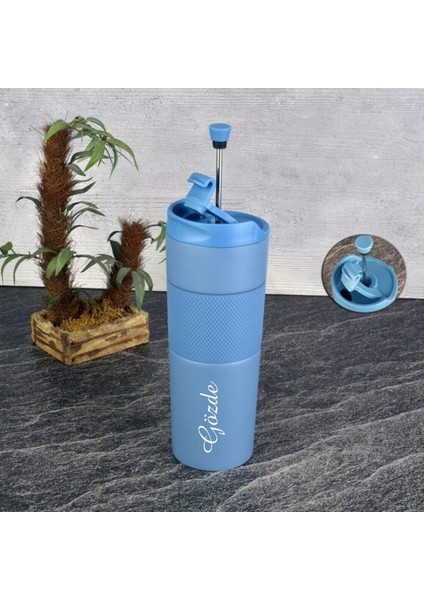 Kişiye Özel Isim Baskılı French Press Mavi Çelik Termos Mug 450 ml (3 Fonksiyonlu) fiyatları