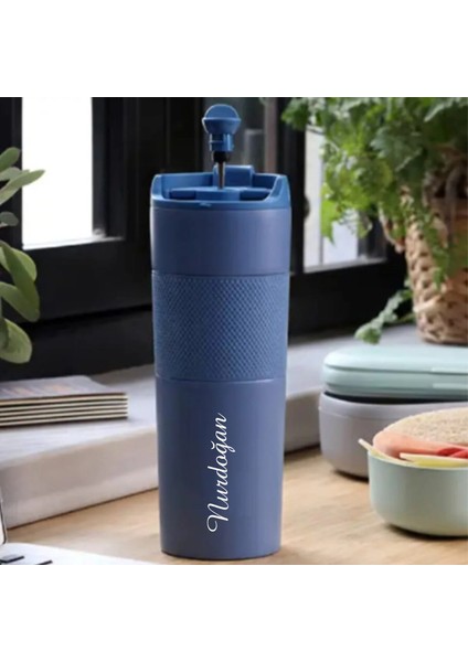 Kişiye Özel Isim Baskılı French Press Mavi Çelik Termos Mug 450 ml (3 Fonksiyonlu) modelleri