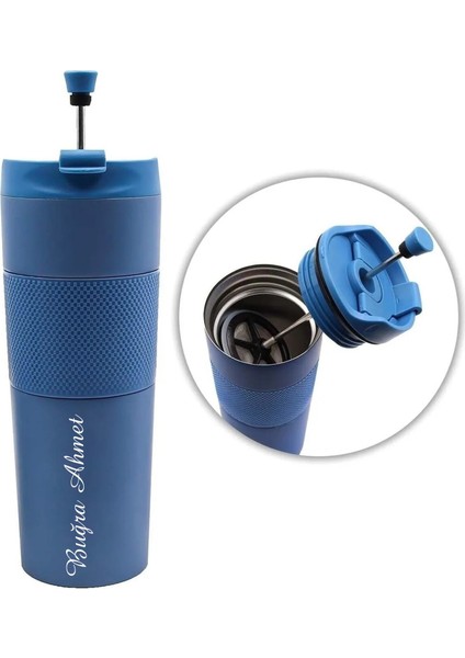 Kişiye Özel Isim Baskılı French Press Mavi Çelik Termos Mug 450 ml (3 Fonksiyonlu)