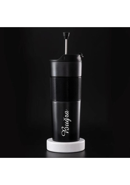 NRD Life Kişiye Özel Isim Baskılı French Press Siyah Çelik Termos Mug 450 ml (3 Fonksiyonlu)