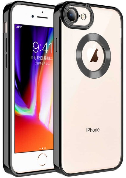 Apple iPhone 8 Kılıf Logo Gösteren Parlak Kenarlı Kamera Lens Korumalı Şeffaf Omega Silikon Kapak