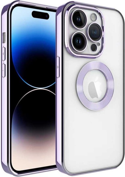 Apple iPhone 14 Pro Max Kılıf Logo Gösteren Parlak Kenarlı Kamera Lens Korumalı Şeffaf Omega Silikon Kapak