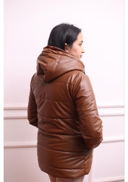 Şişme Kapüşonlu Deri Mont