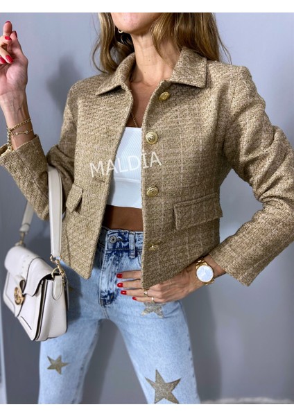 Kadın Dore Düğmeli Blazer Vizon Ceket