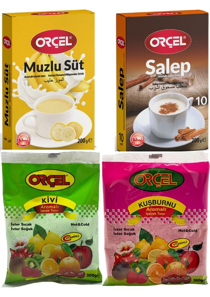 Salep 200GR. + Muzlu Süt 200GR. + Kivi 300GR. + Kuşburnu 300GR. Aromalı Içecek Tozu Oralet Çay