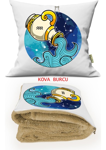 Kova Burcu Baskılı Opsiyonel Battaniyeli Dekoratif Kırlent 36X36CM