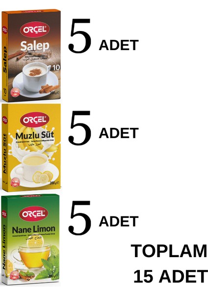 5 Muzlu Süt + 5 Salep + 5 Nane Limon Aromalı Içecek Tozu Oralet Çay 15X200GR.