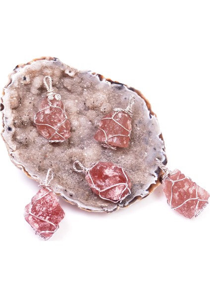 Ham Çilek Kuvars Taşı Kolye - Tel Sargılı fiyatları