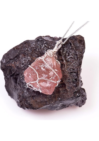 Ham Çilek Kuvars Taşı Kolye - Tel Sargılı fırsatları