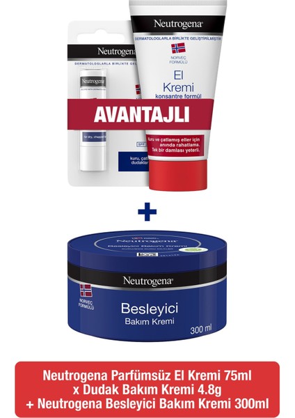 Norveç Formülü Besleyici Bakım Kremi 300 ml + Parfümsüz El Kremi 75 ml + Dudak Kremi