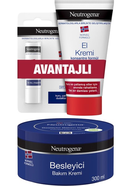 Norveç Formülü Besleyici Bakım Kremi 300 ml + Parfümsüz El Kremi 75 ml + Dudak Kremi fiyatları