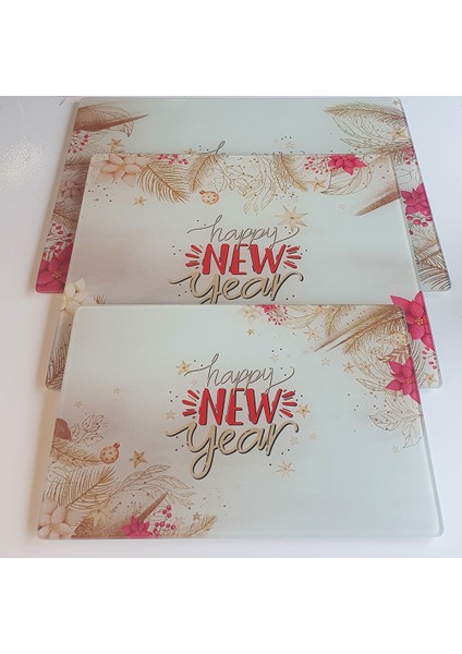 Cam Kesme Tahtası - Cam Kesme Tablası | Happy New Year - Gold | 3'lü Takım
