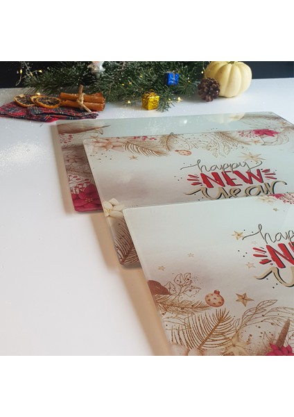 Cam Kesme Tahtası - Cam Kesme Tablası | Happy New Year - Gold | 3'lü Takım