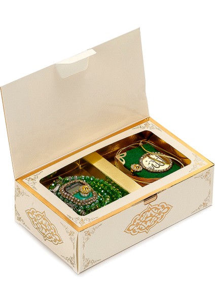 Taşlı Zikirmatik - Mini Kuran - Kristal Taş Tesbihli Hediyelik Set - Yeşil Renk