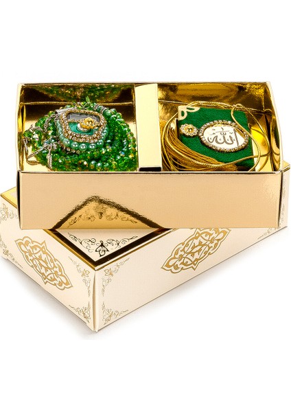 Taşlı Zikirmatik - Mini Kuran - Kristal Taş Tesbihli Hediyelik Set - Yeşil Renk