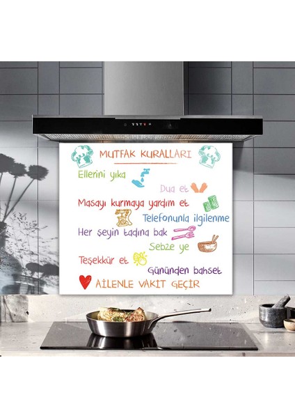 Renkli Mutfak Kuralları | Cam Ocak Arkası Koruyucu | Beyaz Fon | 52CM x 60CM