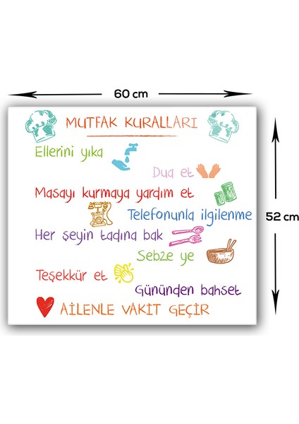 Renkli Mutfak Kuralları | Cam Ocak Arkası Koruyucu | Beyaz Fon | 52CM x 60CM modelleri