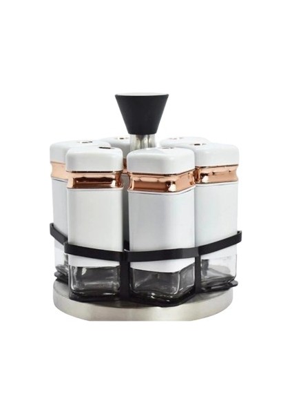 Fıona 6lı Döner Standlı Beyaz Baharatlık Seti P/Cam-401033