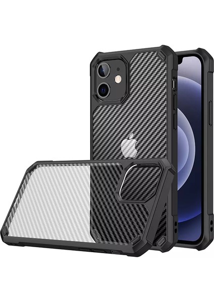 Apple iPhone 12 Kılıf Şeffaf Karbon Fiber Desen Korumalı Kapak