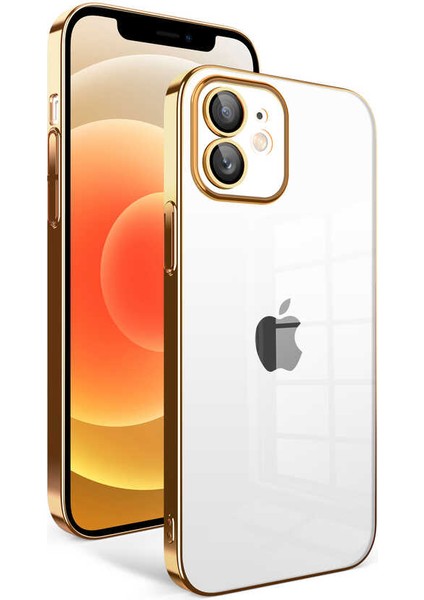 - Apple iPhone 12 - Kılıf Kamera Korumalı Renkli Çerçeveli Garaj Kapak - Gold