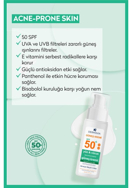 Spf+50 Yüz ve Vücut Güneş Kremi Akneye Meyilli Ciltler 100 ml