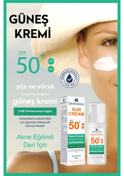 Spf+50 Yüz ve Vücut Güneş Kremi Akneye Meyilli Ciltler 100 ml