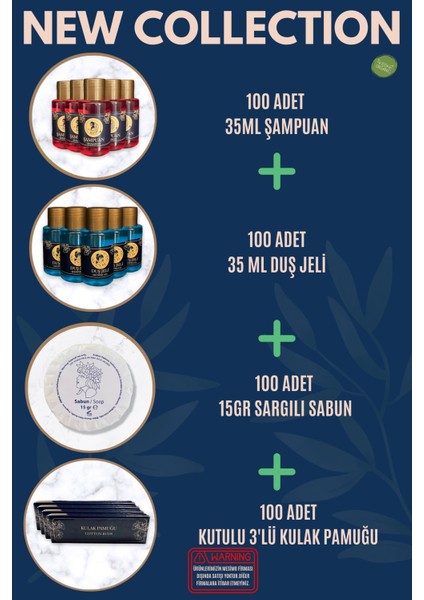 Otel Şampuanı + Duş Jeli + Sabunu + 3'lü Kulak Pamuğu 100'LÜ Set Etiketli
