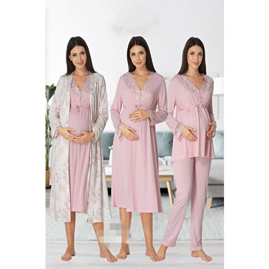 Puerpera Effort Kadın Pembe Uzun Kollu Pijama Takımı Gecelik Sabahlık Lohusa Hamile 4'lü Set 8096