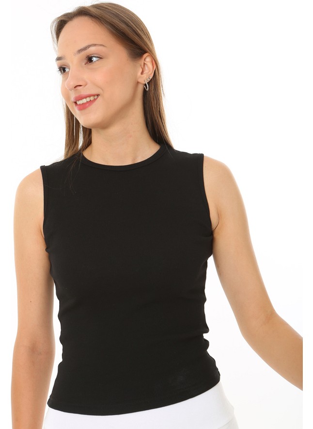 CHEISU Kadın Beyaz Sıfır Kol Bisiklet Yaka T-shirt Bluz Body Atlet Fitilli Kaşkorse görsel 2