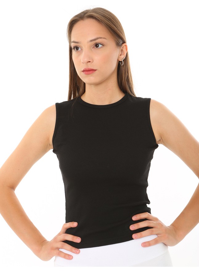 CHEISU Kadın Beyaz Sıfır Kol Bisiklet Yaka T-shirt Bluz Body Atlet Fitilli Kaşkorse görsel 3