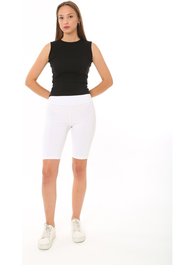 CHEISU Kadın Beyaz Sıfır Kol Bisiklet Yaka T-shirt Bluz Body Atlet Fitilli Kaşkorse görsel 4