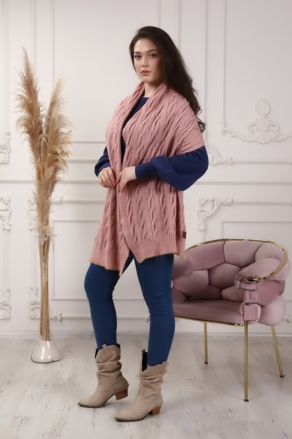 Marilavande Vizon Hardal Pembe Saç Örgü Omuz Şalı