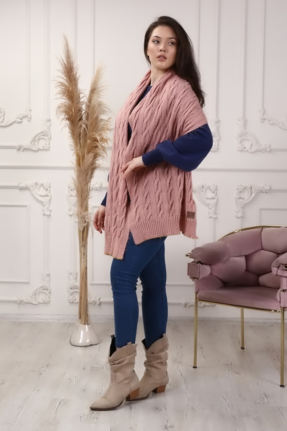 Marilavande Vizon Hardal Pembe Saç Örgü Omuz Şalı görsel 2