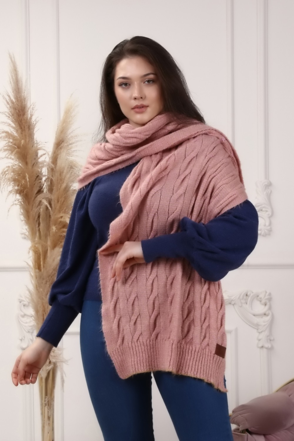 Marilavande Vizon Hardal Pembe Saç Örgü Omuz Şalı görsel 3