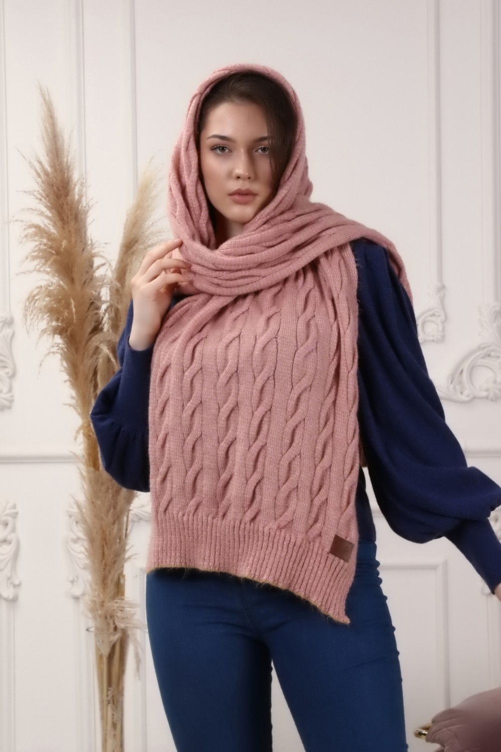 Marilavande Vizon Hardal Pembe Saç Örgü Omuz Şalı görsel 4
