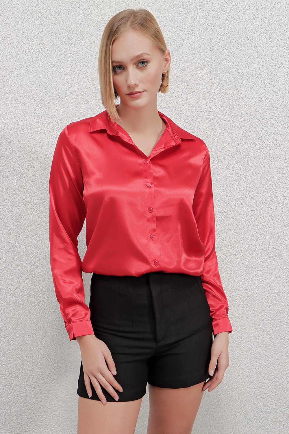 Hazelin Kadın Gül Kurusu Hafif Dökümlü Saten Yüzeyli Gömlek HZL22W-BD139641 görsel 5