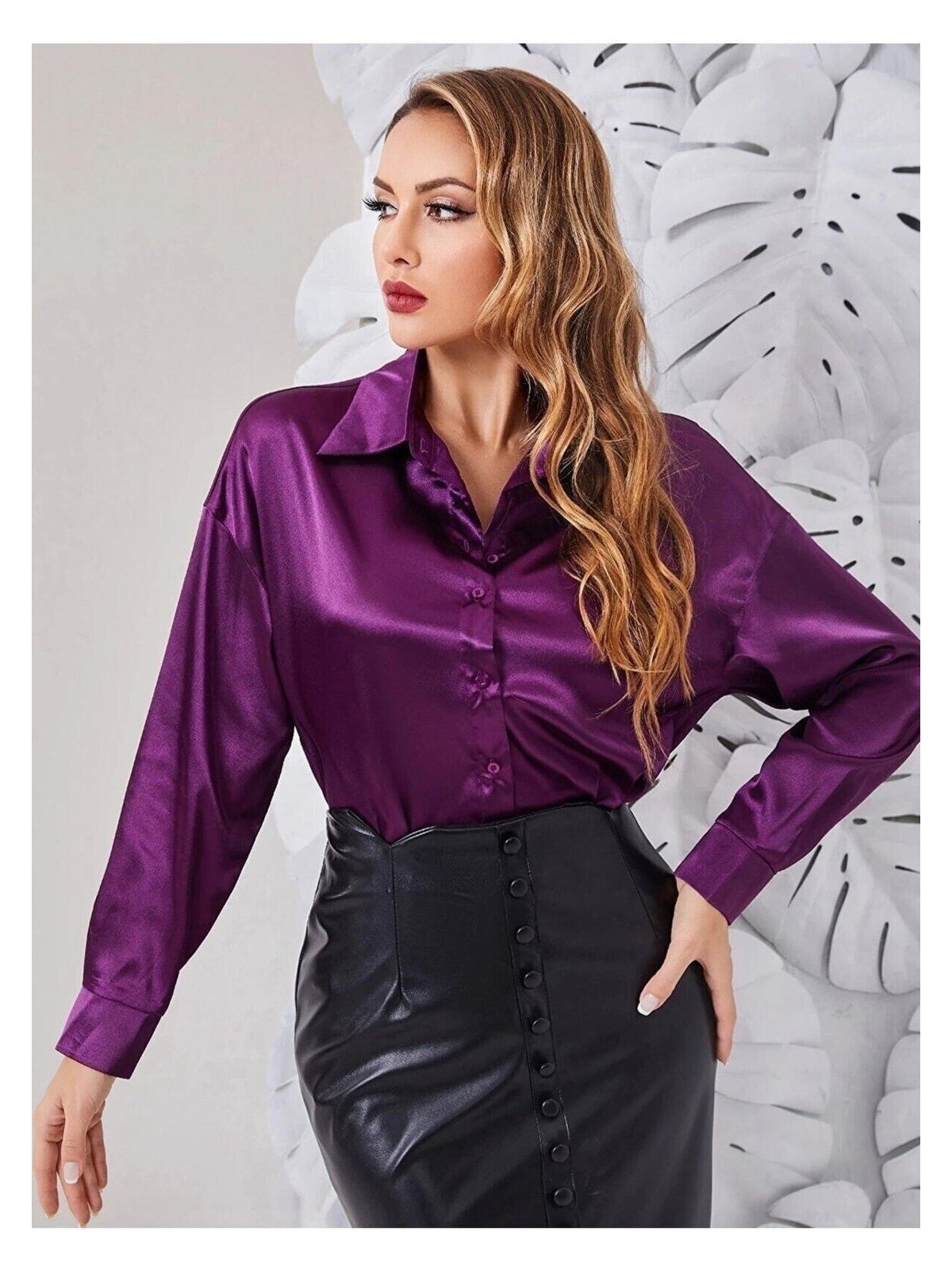 Hazelin Kadın Mor Hafif Dökümlü Saten Yüzeyli Gömlek HZL22W-BD139641