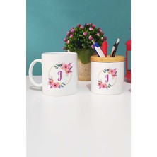 Hedizu Çiçekli I Harfli Kupa Bardak Beyaz ve Kalemlik