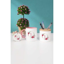 Hedizu Çiçekli E Harfli Pembe Kupa Bardak Kalemlik Anahtarlık