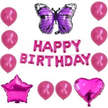 Rönesans Parti Happy Bırthday Pembe Fuşya Kelebek Kalp Yıldız Folyo Balon Seti