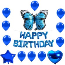 Rönesans Parti Happy Bırthday Mavi Kelebek Kalp Yıldız Folyo Balon Seti
