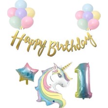 Rönesans Parti Unicorn Balonlu Kaligrafi Happy Bırthday 1 Yaş Balon Set