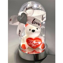 Anneler Günü Lüks Ayna Kalpli Madlen Çikolata 16LI Işıklı Fanus Peluş Ayıcık Set Gümüş