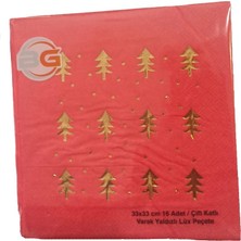 Pandoli Altın Varak Çam Ağacı Şekilli Tek Taraf Baskılı Yılbaşı Peçetesi 16 Adet Kırmızı Renk