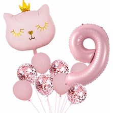 Parti Station Pembe Kedi Balon Set Balon Folyo Set Konsept Doğum Günü Set Yaş Balon Set